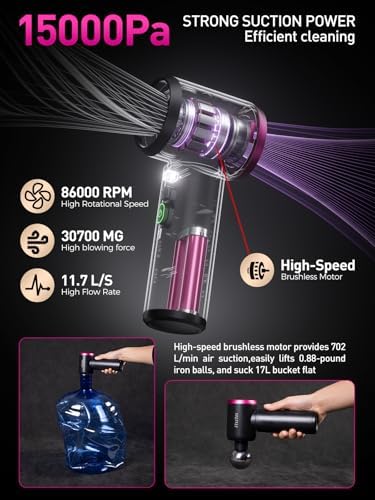 Mini Car Vacuum Portable Cordless with LED Light, 15000PA Powerful Suction, 80W High Power, One-Click Empty, Dual Hepa Filter, Y8plus Car Vacuum Cleaner & Air Duster for Home, Desk, PC, Keyboard - Image 4