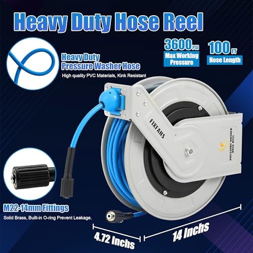 FIXFANS Pressure Washer Hose Reel with Hose 1/4"×100ft, Auto Rewind 3600PSI - Image 4