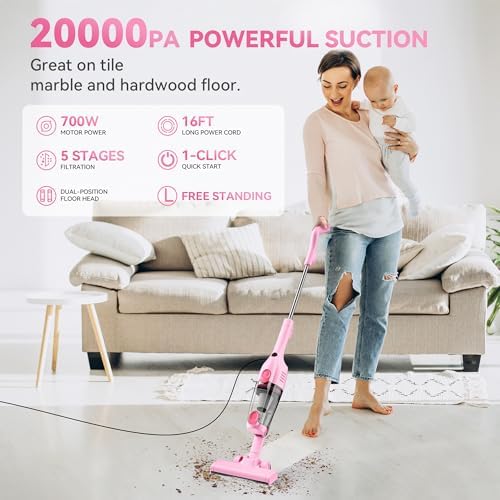 Vazone R6X Corded Stick Vacuum Cleaners for Home, 20Kpa Powerful Suction Stick Vacuum with 16Ft Cord, 2 in 1 Lightweight Handheld Vacuum Cleaner for Hardwood Floor Pet Hair (Cerise) - Image 2