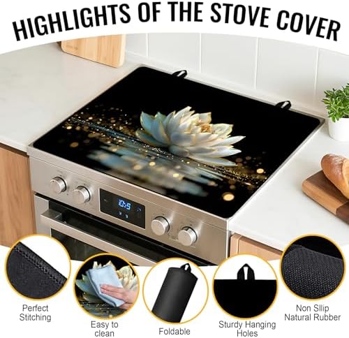 NYZE Stove Top Cover for Electric Stove 28x20 Inch Silicone Stove Topper & Protector, Scratch-Resistant Decorative Kitchen Mat for Electric/Glass Stove Top (White Lotus Water) - Image 2