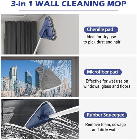 Wall Cleaner Mop with 82" Extendable Handle, 360° Rotating Head & 90° Flip, Microfiber/Chenille Pads, Built-in Squeegee for Ceiling, Wall, Baseboard and Window Cleaning - Image 3