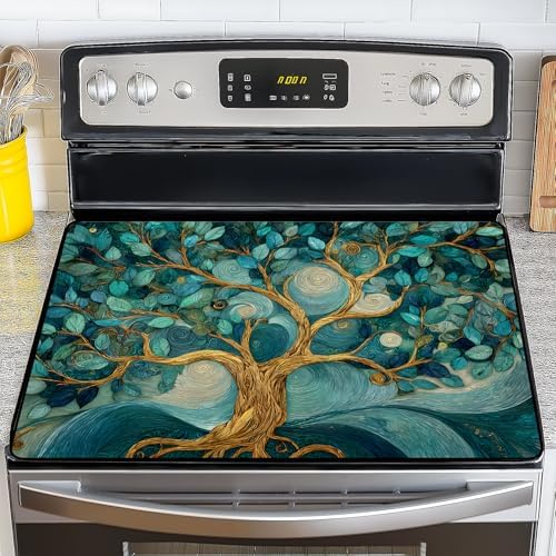 NYZE Stove Top Cover for Electric Stove 28x20 Inch Silicone Stove Topper & Protector, Decorative Kitchen Mat for Electric/Glass Stove Top (Teal Swirl Tree) by GIVEYOUTHEBEST