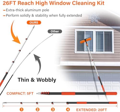 14" Window Squeegee with Extension Pole,26FT Reach High Window Washers for High Outside Windows,Professional Window Cleaning Tool Kit Include Replacement,180°Rotatable Squeegee for Indoor/Outdoor - Image 6