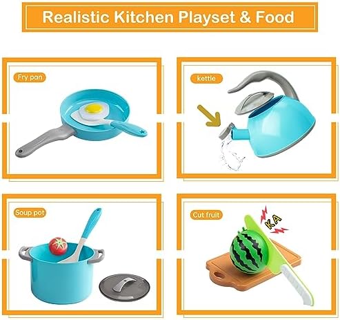 90Pcs Kitchen Playset Accessories, Pretend Cooking with Pots, Pans, Cookware, Food, Fruit, Veges, Color Sorting Baskets, Prop Money, Learning Gift for Girls Boys Toddlers (Turquoise) - Image 4