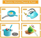 90Pcs Kitchen Playset Accessories, Pretend Cooking with Pots, Pans, Cookware, Food, Fruit, Veges, Color Sorting Baskets, Prop Money, Learning Gift for Girls Boys Toddlers (Turquoise) - Image 4