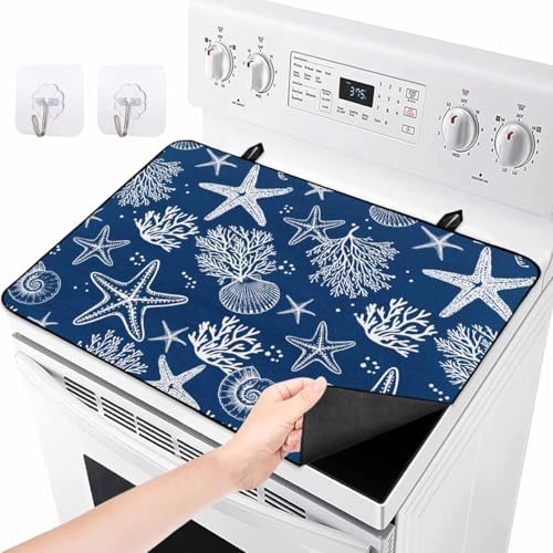 Navy Blue Coastal Stove Top Covers for Electric Stove, Summer Beach Induction Cooktop Cover Protector, Ocean Coral Starfish Conch Range Mat for Glass Top Stove, Kitchen Dish Drying Mat, 24"x21" - Image 2