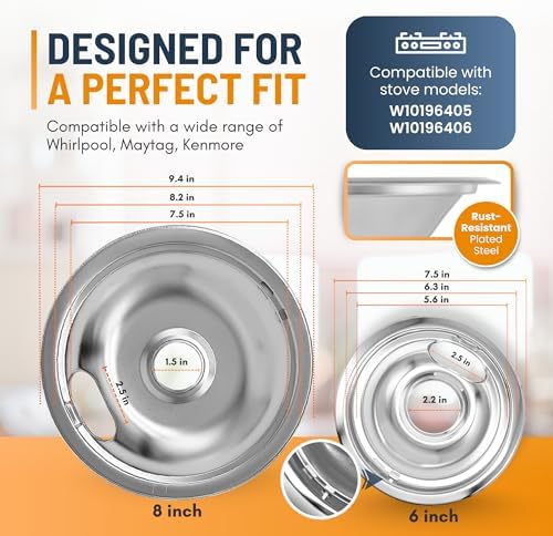 Electric Stove Drip Pans Set of 4 (2 x 6-Inch & 2 x 8-Inch) Stove Drip Pans for Electric Stove for Whirlpool, Maytag, KitchenAid & More - Compatible with W10196405 & W10196406 Stove Burner Drip Pan - Image 2