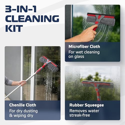 DSV Standard 2-in-1 Window Cleaning Squeegee Kit with 60’’ Extension Pole, Rotatable Bendable Head, Microfiber & Chenille Pads, Window Cleaner Tool for Indoor/Outdoor, High Windows, Shower and Car - Image 4