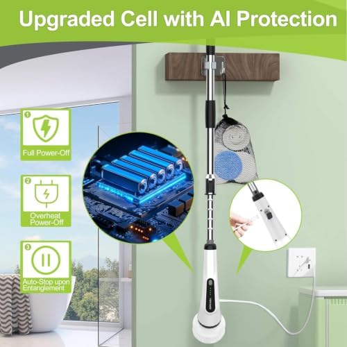 WKY-Electric Spin Scrubber - Upgraded 10-in-1 IPX7 Waterproof Shower Scrubber, Retractable Handle & 2-Speed for Toilet, Bathroom, Bathtub Tile Floors - Image 6