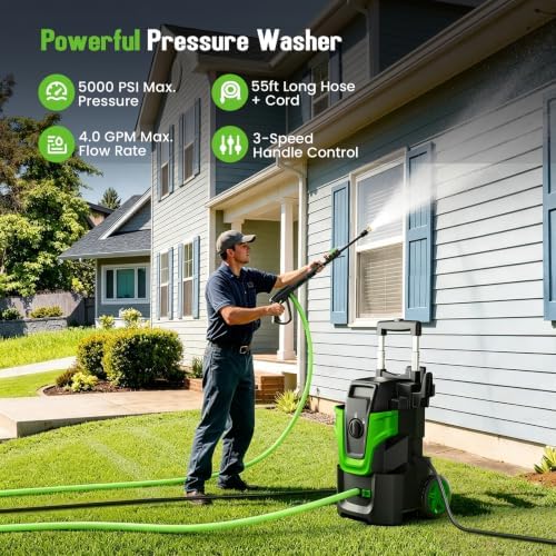5000PSI Heavy Duty Pressure Washer, 3-Speed Adjustable Power Washer with 2-Stage Pull Rod, 4 Nozzles, 35FT GFCI Cord & 500ml Soap Bottle for Car, Home & Outdoor Cleaning,Green - Image 7