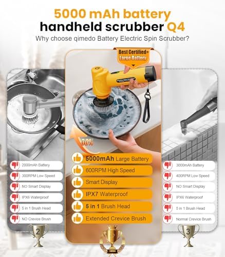 Electric Spin Scrubber Q4, 5000mAh Large Battery, 248-Min Runtime, 600RPM - Image 3