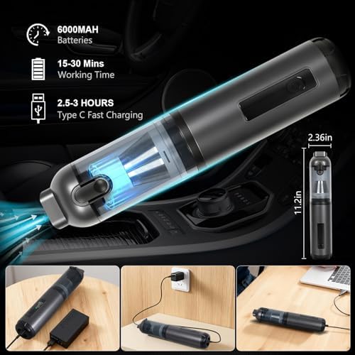 Car Vacuum Portable Cordless, 17000Pa 2 in 1 Vacuum Cleaner&Air Duster, 100W Brushless Motor Handheld Vacuum Cordless with 6000mAh Battery, Multi-Nozzles for Car, Home, Office, Pet - Image 6
