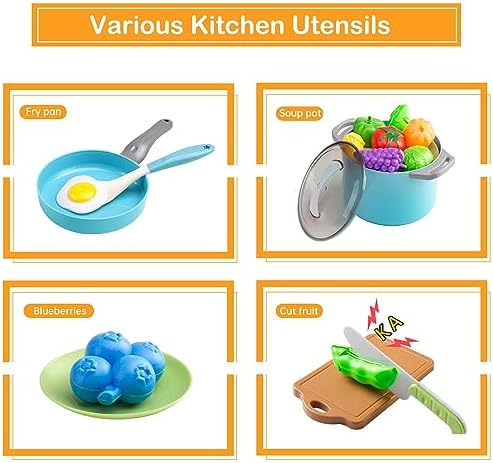 35Pcs Kids Kitchen Toy Accessories, Toddler Pretend Cooking Playset with Play Pots, Pans, Utensils, Cookware, Play Food Set, Toy Vegetables, Learning Gift for Girls & Boys (Turquoise) - Image 4