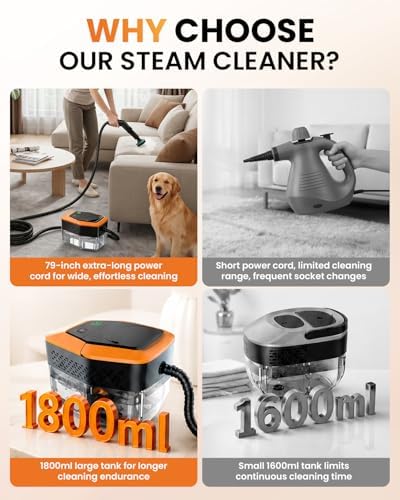 Steam Cleaner for Home & Car – Handheld Steamer for Cleaning with 2500W High Temperature, 3 Modes, 12 Accessories & 1.8L Large Tank, Portable Steam Cleaner for Couch, Grease, Kitchen, Bathroom, Car - Image 3