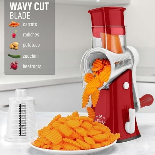 Rotary Cheese Grater Manual Hand Crank 5 Blade Shredder, White & Red - Image 4