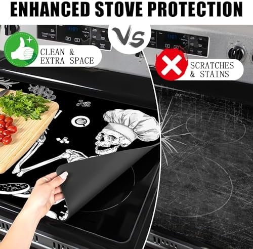 Fun Skull Stove Covers for Electric Stove, Skull Chef Stove Top Covers Black Heat Resist Gas Stove Mats Seasonal Kitchen Decor Stove Mat Chef Gift Skeleton Cooktop Protector Oven Pad for Halloween - Image 3