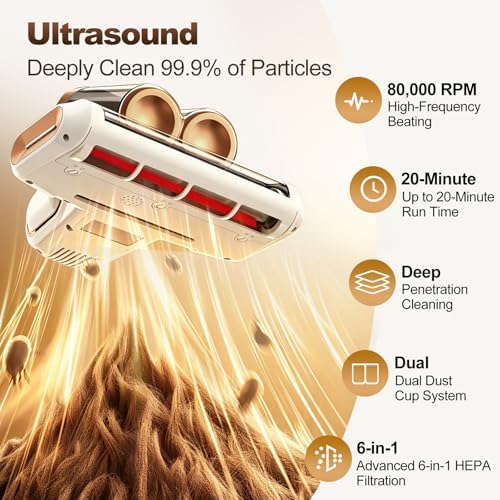 Mattress Vacuum Cleaner, Cordless Bed Vacuum with 13KPa Suction, Portable Vacuums for Sofa Couch Crib, Birthday Gifts for Women (White & Gold) - Image 3