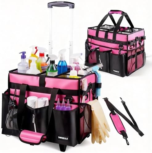 Cleaning Caddy with Wheels, Rolling Cleaning Supplies Organizer with Bottom Board, Dividers & Shoulder Strap, Portable Utility Tote with Small Trolley, Rose Pink by TWINDLE