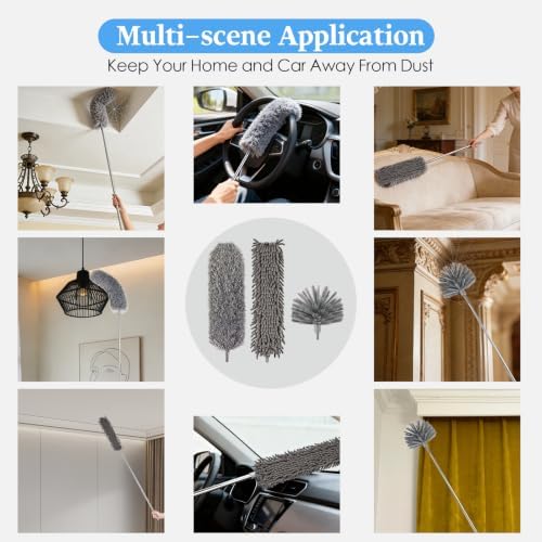 Microfiber Feather Duster 5-in-1 Kit with Extension Pole, Washable Cleaning Duster Set with 3 Duster Heads, Cobweb Duster, Corner Brush, 100'' Extendable Long Duster for High Ceilings, Fans, Furniture - Image 6