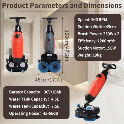 360° Rotating Brush Floor Cleaner, 17" Walk-Behind Commercial Floor Scrubber, Buffer Polisher Machine, Dual Brushes, Dual Pads and Drivers, 12916 sqft/h, for Wood Flooring, Ceramic Tiles Grey - Image 7