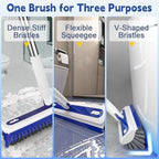 4-in-1 Floor Scrub Brush with Long Handle V-Shaped Crevice Brush Floor Scrubber Mop with Squeegee and Tweezer for Cleaning Gap Tile Bathroom Kitchen Patio Deck Garage - Image 2