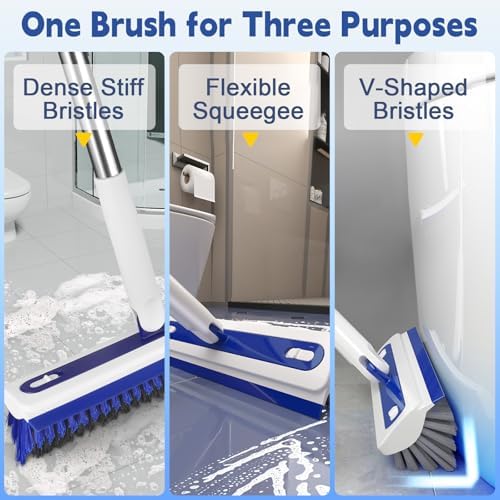 4-in-1 Floor Scrub Brush with Long Handle V-Shaped Crevice Brush Floor Scrubber Mop with Squeegee and Tweezer for Cleaning Gap Tile Bathroom Kitchen Patio Deck Garage - Image 2