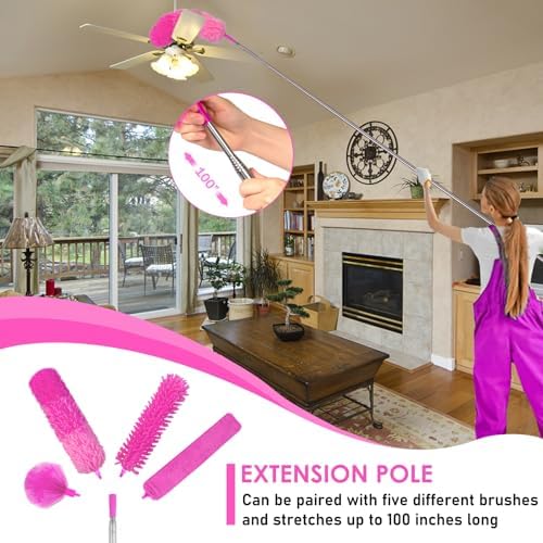 ThinkLearn Microfiber Dusters for Cleaning,14PCS Feather Dusters with Extension Pole,Bendable Washable and Extendable Duster for High Ceilings, Fans and Blinds House Cleaning Kit Pink Gift for Women - Image 3