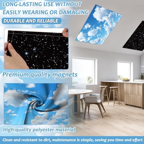 Wiooffen 6 Pcs Fluorescent Light Cover with 60 Magnets Decorative for Classroom Ceiling Lights 4 x 2 Feet Magnetic Light Covers Filter Easy Install for Office Hospitals & Home (Cloud and Starry Night) - Image 3