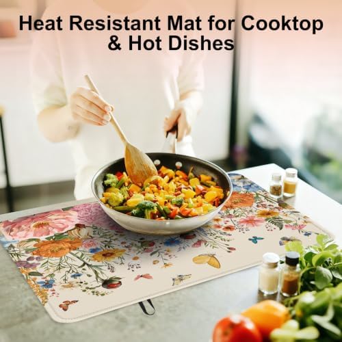 Retro Floral Stove Top Cover for Electric Stove, Wild Flowers Range Covers for Electric Stove, Rubber Dish Drying Mat, Glass Cooktop Covers, Flat RV Range top Mats, 28"x20" - Image 5