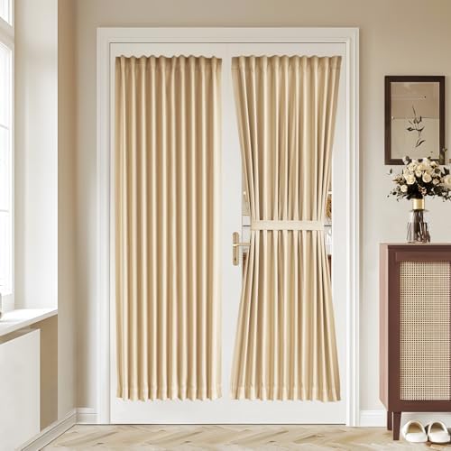 Vatge Self-Adhesive French Door Curtains - No Drill Rodless Blackout Panels for Sliding Glass Doors, 1 Panel, W36 x L72, Beige by Vatge