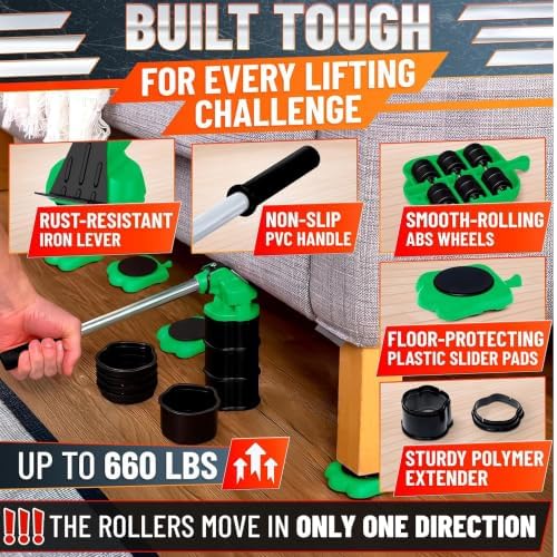 Furniture Lifter Tool with 4 Pcs Appliance Rollers, 660 Lbs, Green - Image 6