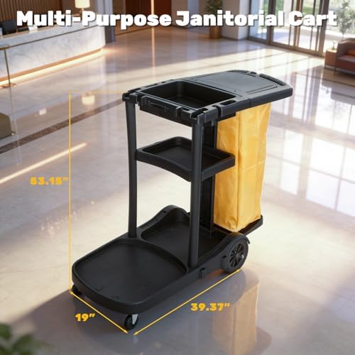 NORTHSKY Janitorial Cart, 3-Shelf Cleaning Carts on Wheels,Commercial Traditional Plastic Housekeeping Cart with 2 Yellow Vinyl Bag (Classic Black) - Image 2