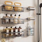 Veken Shower Caddy 6-Pack, No Drilling & Rustproof, Waterproof Adhesive Shelves Rack with Soap Holder, Large Capacity Bathroom Organizers and Storage, Wall-Mounted Kitchen & Home Decor, Silver Gray by Veken