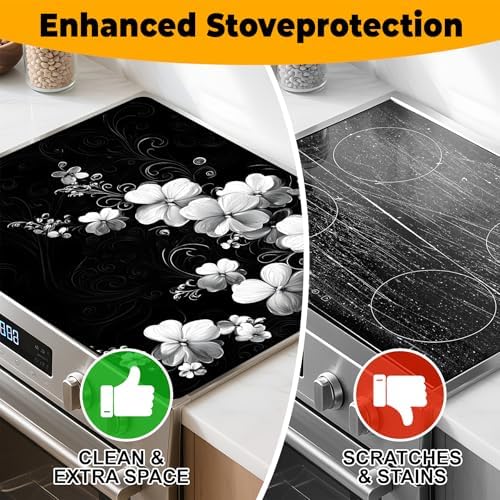 Stove Top Cover Retro Flower Gas Stove Top Cover for Home Decoration Kitchen Pad Non-Stick Washable Cooktop Covers Countertop Protector Keep Stove Clean 28"x20" (White flower-2) - Image 6