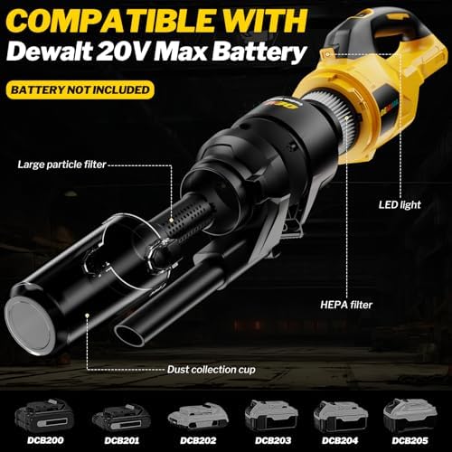 Cordless Vacuum Cleaner for Dewalt 20V Battery, 6 in 1 Handheld Electric Vacuum Cleaner with HEPA Filter and LED Light, 46 CFM Portable Hand Vacuum for Floor, Carpet, Car (Battery Not Included) - Image 3