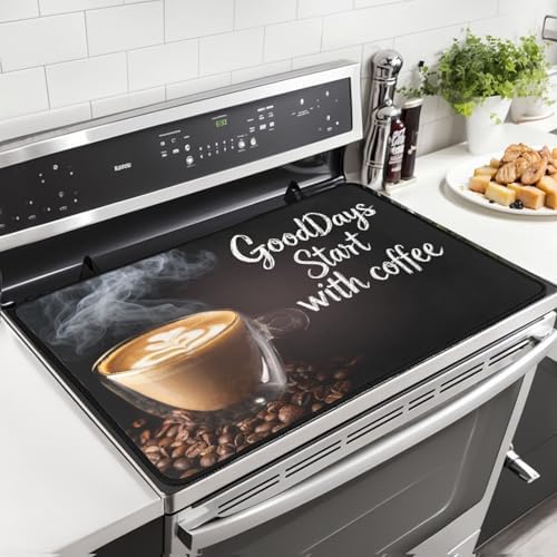 Coffee Cup with Beans Print Stove Top Cover for Electric Stoves, Vintage Coffee Themed Glass Cooktop Cover 28x20 Inch Brew Hot Cafe Pattern Dish Drying Mat for Kitchen Countertop Coffee Bar by Unknown