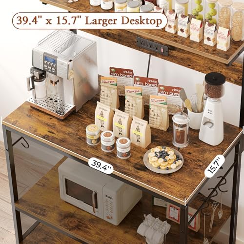 SUPERJARE Bakers Rack with Power Outlets, Microwave Stand, 39.4 X 14.3 Inch Larger Desktop, Kitchen Storage Rack with Adjustable Middle Shelf, 6 S-Shaped Hooks, Coffee Bar Stand, Rustic Brown - Image 4