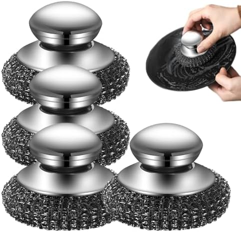 Steel Wool Scrubber with Handle, Upgrade Heavy Duty Stainless Steel Dish Scrubber for Cleaning Dishes, Iron Pots, Stoves, Kitchen Sink (4 pcs) by Rewdut