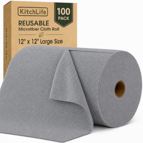 Microfiber Cleaning Cloth Roll, 100 Pack 12 x 12 Inch Tear Away Reusable Paper Towels, Thick Cleaning Towels, Absorbent Lint Free Washable Rags for Kitchen, Car, Garage and Workshop - Gray by OverDoorHooksKitchenSupplies