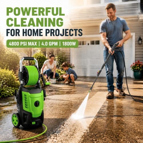 2026 New Electric Pressure Washer 4800 PSI 4.0GPM High Power Washer with 33ft Hose Reel,4 Nozzles and Foam Cannon for Cars/Home/Driveways/Patios/Fences, Green - Image 2