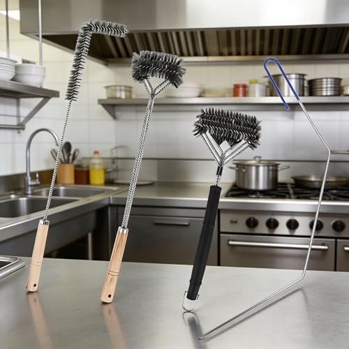 4-Piece Professional Deep Fryer Cleaning Kit - Commercial Stainless Steel Set with Dual-Layer Basket Brush, 3-in-1 Grill Scraper, L-Shape Brush & Drain Wand by HomdMarket