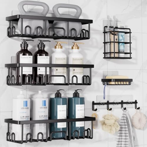 Veken Shower Caddy 6-Pack with Hooks, Bathroom Organizers & Storage, Black by Veken