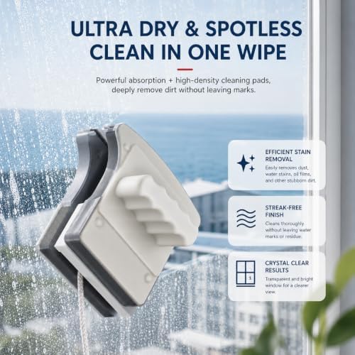 ORIXA Magnetic Window Cleaner, Double Sided Magnetic Glass Cleaning Tool for 15-26 mm Double Pane Windows, Inside Outside Washer with Safety Rope, Microfiber Pads and Squeegee - Image 6