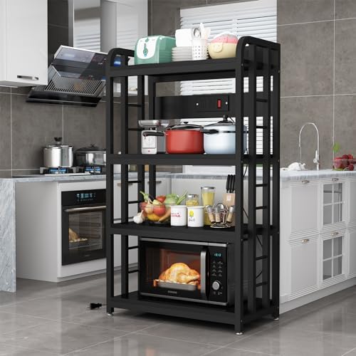 Bakers Rack with Power Outlet ，Microwave Stand 4-Tier Kitchen Baker's Rack, Free Standing Baker's Rack Kitchen Stands with Storage Suitable for Kitchen, Living Room, Dinning Room，Coffee Bar (Black) - Image 3