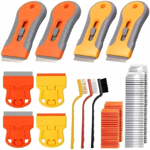 8 Pack Razor Blade Scraper, Retractable Razor Blade Scraper Tool with 120Pcs Blades and 3 Types of Cleaning Brushes, Multi-Purpose Cleaning Plastic Scrapers for Cooktop Glass Oven Stove by SpecializedinScrapingandPlasteringTool