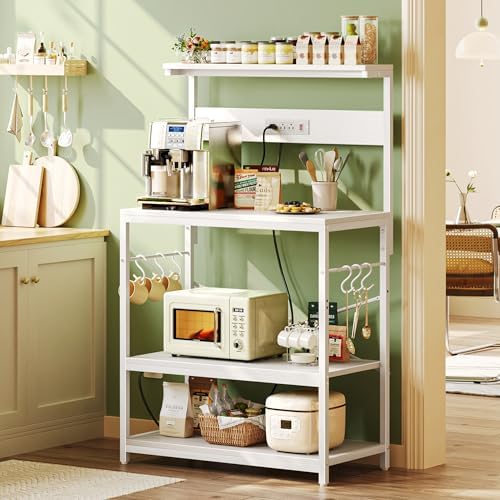 SUPERJARE Bakers Rack with Power Outlets, Microwave Stand, 31.5 X 16.5 Inch Larger Desktop, Kitchen Storage Rack with Adjustable Middle Shelf, 6 S-Shaped Hooks, Coffee Bar Stand, White - Image 2