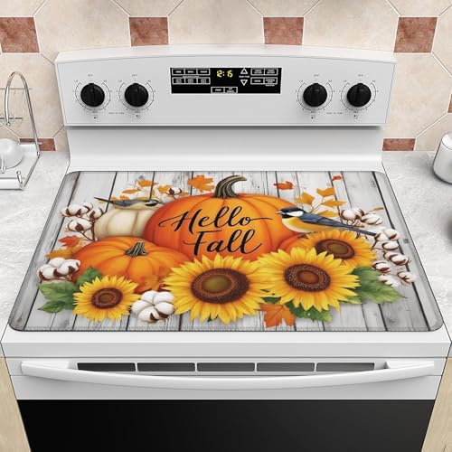 Fall Stove Top Cover for Electric Stove 28" x 20" Autumn Sunflowers Pumpkin Glass Flat Heat-Resistant Top Stove Mat for Kitchen Ceramic Countertop Oven Induction Cooktop by KIYIYZER