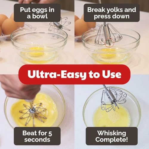 Stainless Steel Push-Down Rotary Egg Beater Hand Whisk 2 Pack 12 & 14 Inch - Image 4