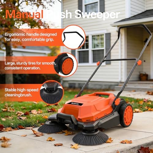 MAXLANDER 26-Inch Walk-Behind Floor Sweeper, Manual Push Cleaner with 6.3-Gallon Dust Container, Adjustable Folding Handle for Garage, Patio, Sidewalk & Yard - Image 3