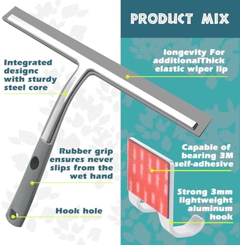 14 Inch Silicone Shower Squeegee for Glass Doors with Hook - Streak-Free Window Cleaner for Bathroom, Mirror, Tile & Car, No Scratch Squeegee with Metal Core (Gray - Image 3